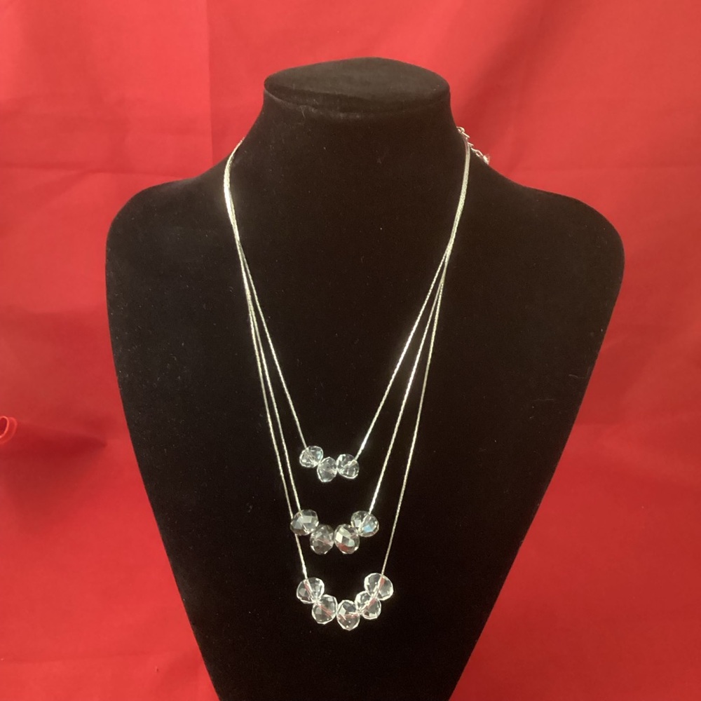 Delicate three rows silver tone with glass beads necklace